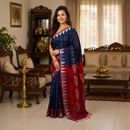 Premium Royal Blue and Maroon Pure Cotton Ikkat Weaving Saree with Temple Border