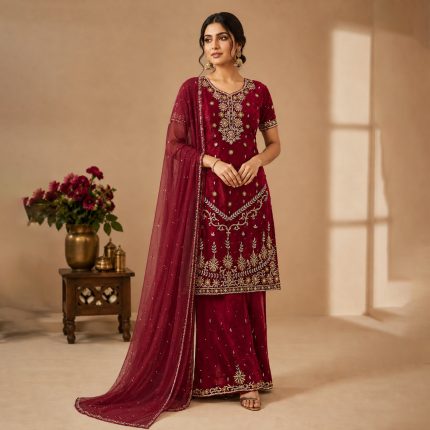 Royal Maroon Velvet Embroidered Three-Piece Sharara Suit with Dupatta