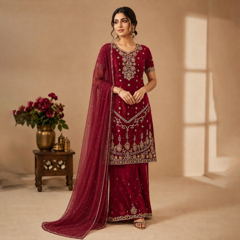 Royal Maroon Velvet Embroidered Three-Piece Sharara Suit with Dupatta