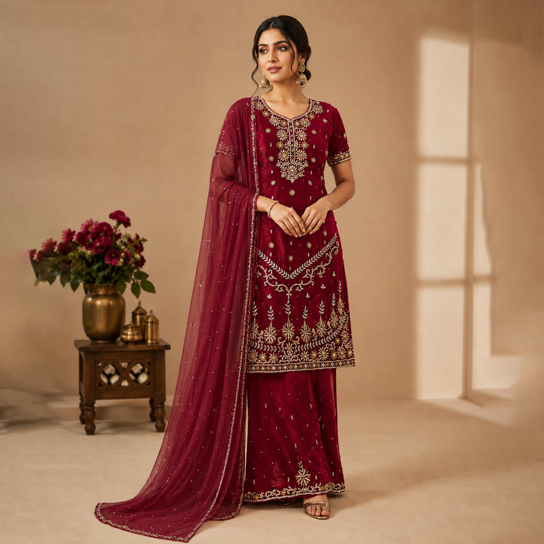 Royal Maroon Velvet Embroidered Three-Piece Sharara Suit with Dupatta